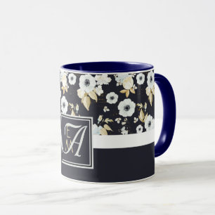 Monogrammed Navy Blue White Floral Decor Anemone Mug