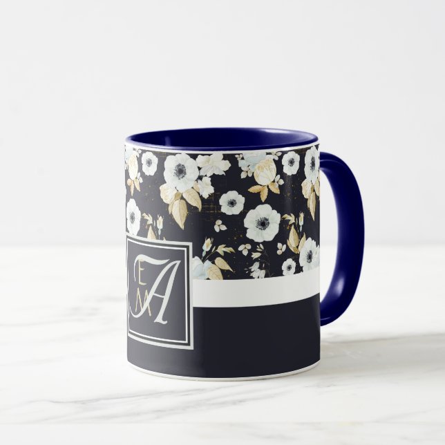 Monogrammed Navy Blue White Floral Decor Anemone Mug (Front Right)
