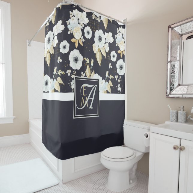 Monogrammed Navy Blue White Floral Decor Anemone Shower Curtain (In Situ)