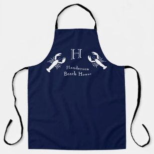 Monogrammed Navy Blue White Lobster Nautical   Apron