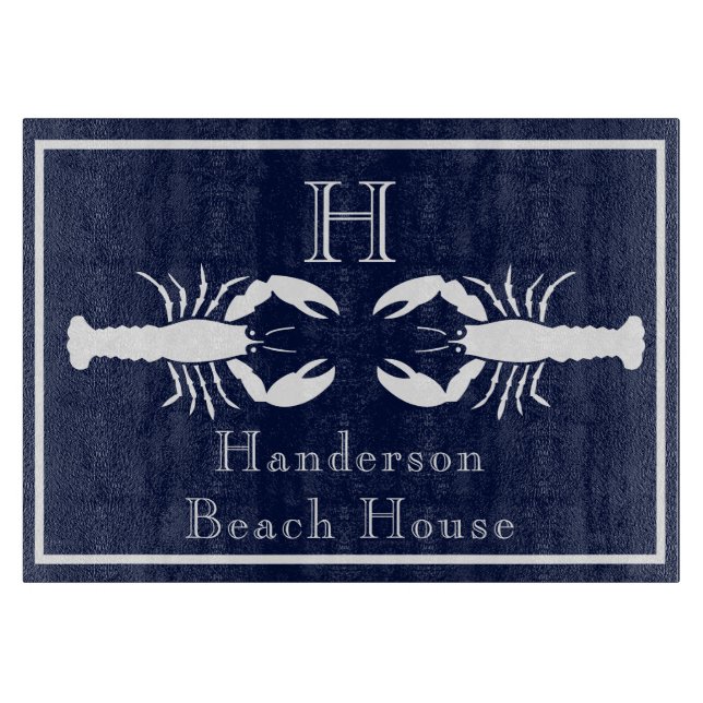 Monogrammed Navy Blue White Lobster Nautical Cutting Board (Front)