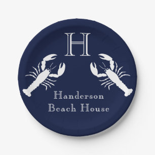 Monogrammed Navy Blue White Lobster Nautical    Paper Plate