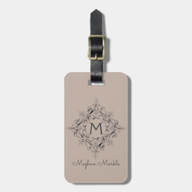 Monogrammed neutral elegant script luggage tag (Front Vertical)