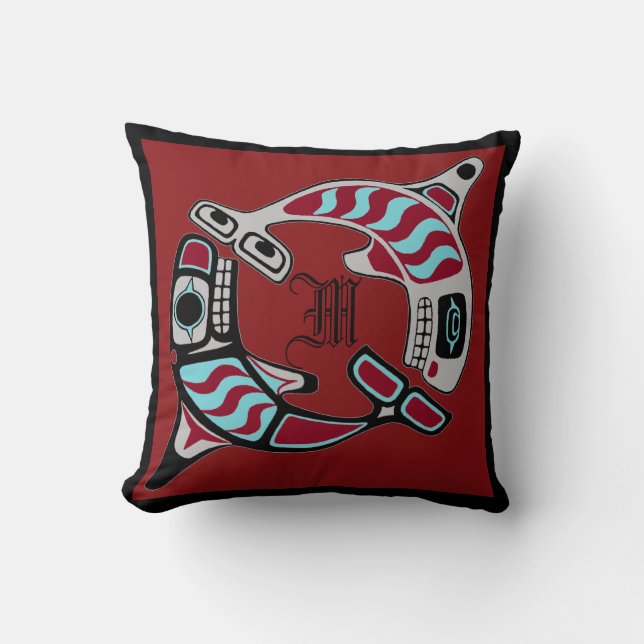 Monogrammed Northwest Coast Art Orcas Cushion (Front)