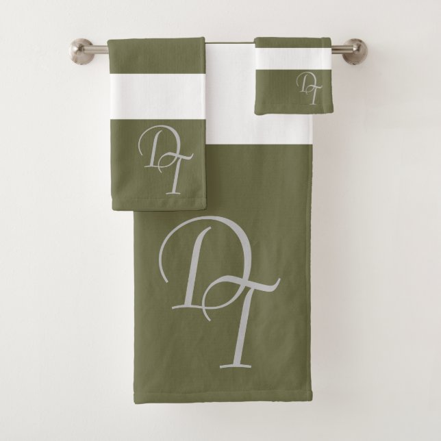 Monogrammed -  olive  white - bold stripes bath towel set (Insitu)