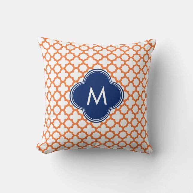 Monogrammed Orange  and Royal Blue Quatrefoil Cushion (Front)
