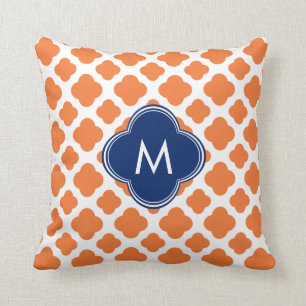 Monogrammed Orange and Royal Blue Quatrefoil Cushion