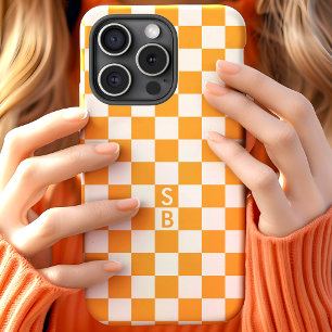Monogrammed Orange And White Chequerboard Pattern iPhone 15 Case