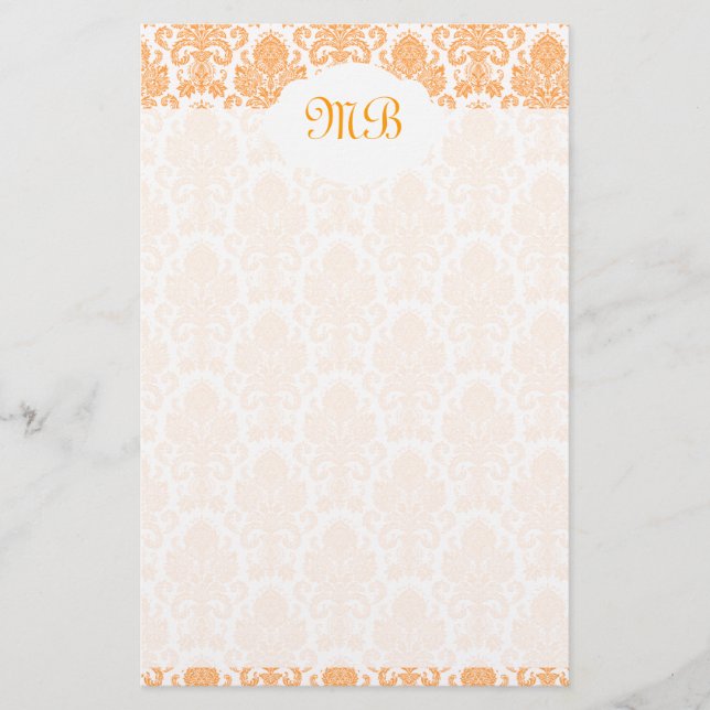 Monogrammed Orange Damask Stationery (Front)