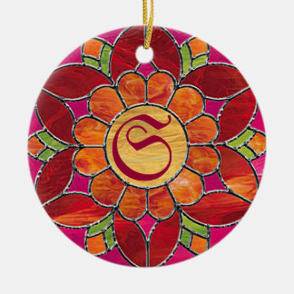 Monogrammed Orange Flower Glass Art Ornament