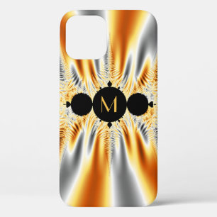 Monogrammed Orange Grey Metallic Fractal iPhone 12 Case