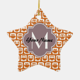 Monogrammed Orange Owls Ceramic Ornament