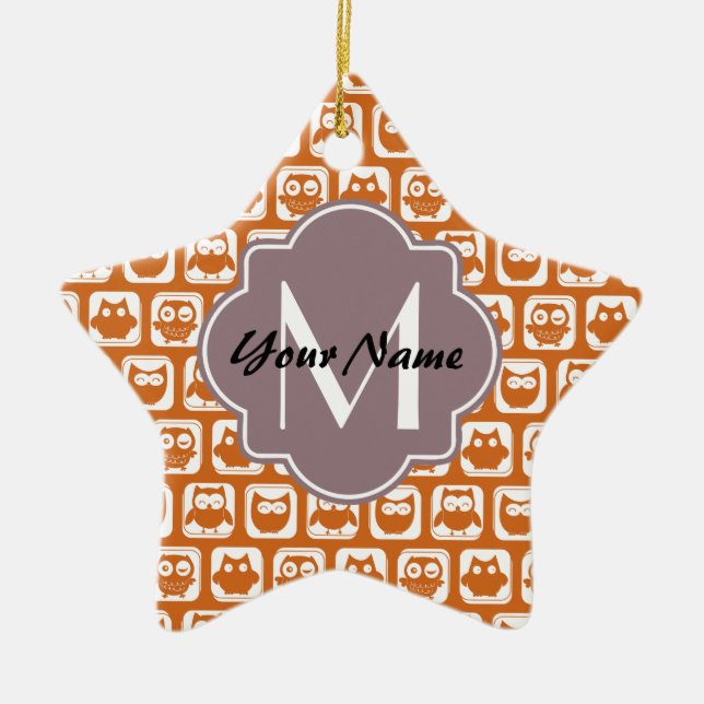 Monogrammed Orange Owls Ceramic Ornament (Front)
