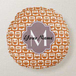 Monogrammed Orange Owls Round Cushion