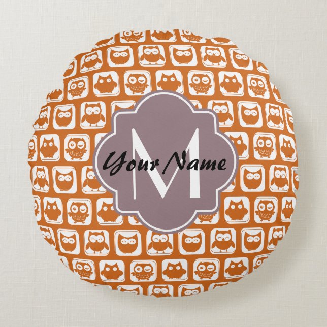 Monogrammed Orange Owls Round Cushion (Front)