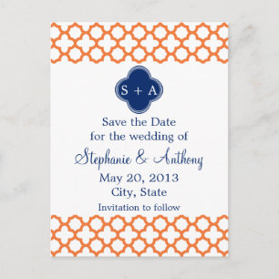 Monogrammed Orange , Royal Blue Quatrefoil Announcement Postcard