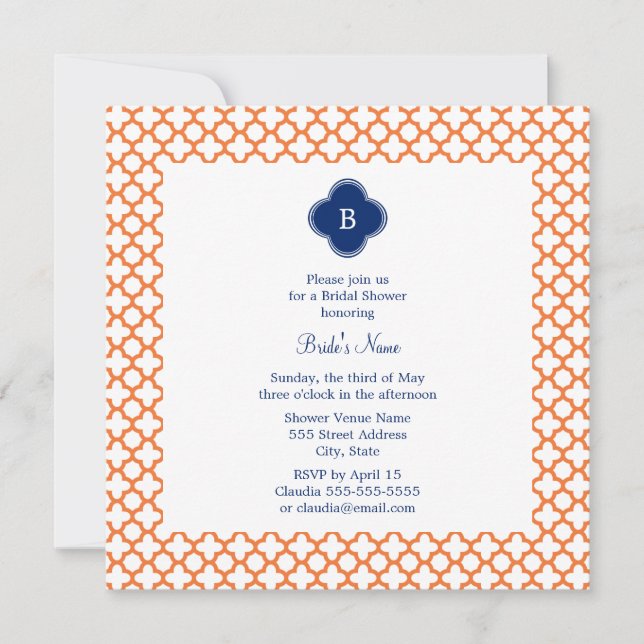 Monogrammed Orange , Royal Blue Quatrefoil Bridal Invitation (Front)