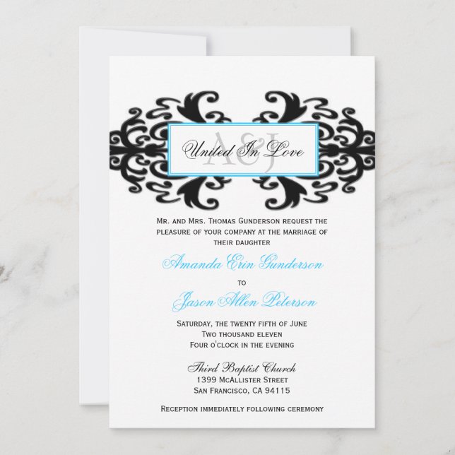Monogrammed Ornamental Damask Wedding Invite (Front)