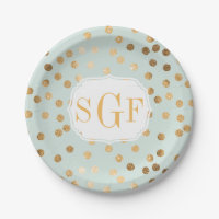 Monogrammed Pale Mint Blue and Gold Glitter Dots