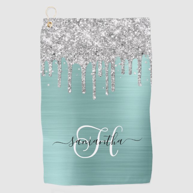 Monogrammed Pale Turquoise Silver Dripping Glitter Golf Towel (Front)