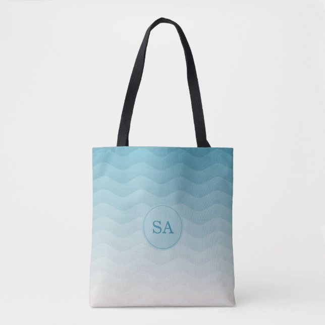 Monogrammed Pastel Blue Waves Ombre Tote Bag (Front)