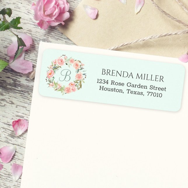 Monogrammed Pastel Pink Flower Return Address Label (In situ envelope)