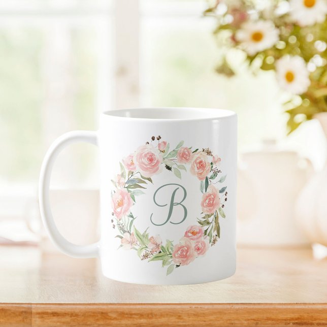 Monogrammed Pastel Pink Flower Wreath Coffee Mug (In situ Kitchen table)