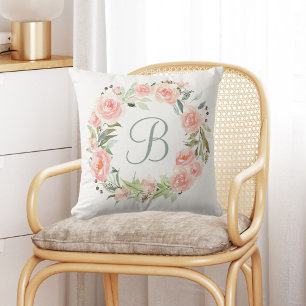 Monogrammed Pastel Pink Flower Wreath Cushion