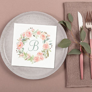 Monogrammed Pastel Pink Flower Wreath Napkin