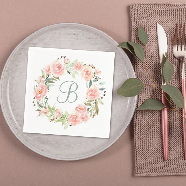 Monogrammed Pastel Pink Flower Wreath Napkin (In situ Wedding reception)