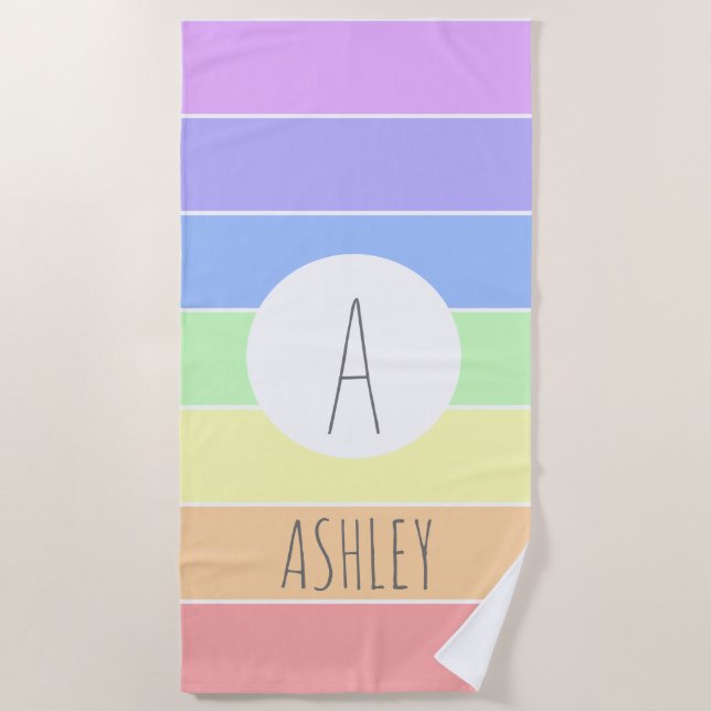 Monogrammed Pastel Rainbow Colourful Stripes Beach Towel (Front)
