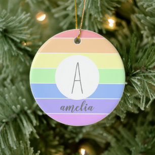 Monogrammed Pastel Rainbow Colourful Stripes Ceramic Ornament