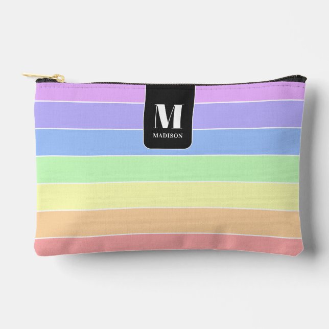Monogrammed Pastel Rainbow Colourful Stripes Moder Accessory Pouch (Front)