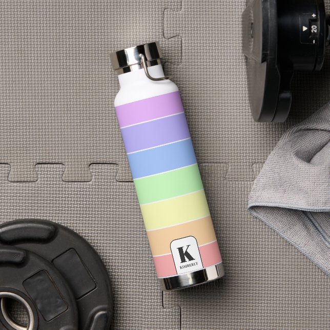 Monogrammed Pastel Rainbow Colourful Stripes Moder Water Bottle (Gym)