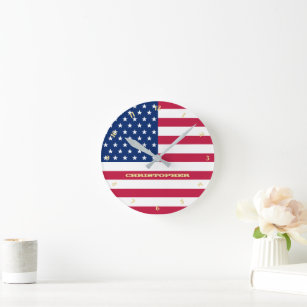 Monogrammed Patriotic America USA Flag Home Decor Round Clock