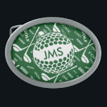 Monogrammed Pattern for the Golfer Oval Belt Buckle<br><div class="desc">A personalised sports golf themed design in green and white. It features a gold ball that can be customised with monogram initials and a background pattern of golf clubs , golf balls and various golfing terms typography - all brought together to create a unique personalised golfing gift for the pro...</div>