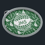 Monogrammed Pattern for the Golfer Oval Belt Buckle<br><div class="desc">A personalised sports golf themed design in green and white. It features a gold ball that can be customised with monogram initials and a background pattern of golf clubs , golf balls and various golfing terms typography - all brought together to create a unique personalised golfing gift for the pro...</div>