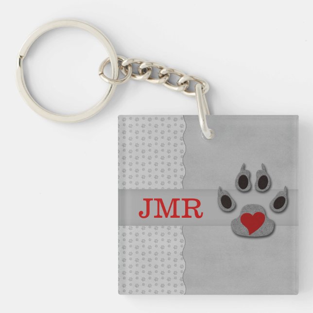 Monogrammed Paw Print and Red Heart Key Ring (Front)