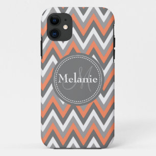 Monogrammed Peach & Grey Chevron Pattern iPhone 11 Case