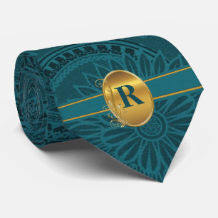 Monogrammed Peacock Teal with Gold Accents Tie