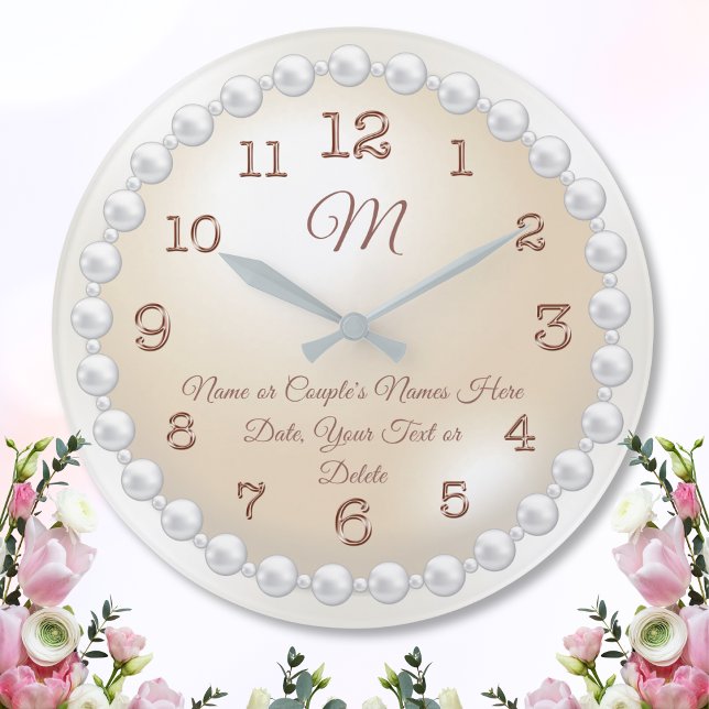 Monogrammed Pearls on Pearl Clock, Personalised Large Clock (30th Anniversary Gift for wife, couple. Thirtieth wedding anniversary gift. 30tg wedding anniversary)