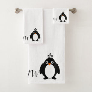 Monogrammed Penguin Design Bath Towel Set