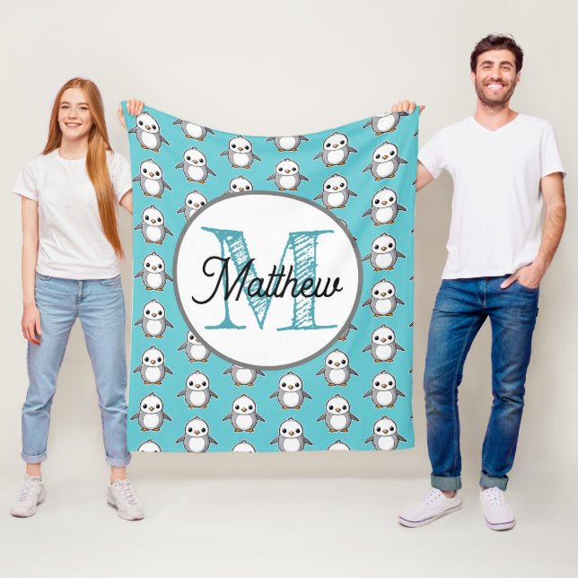 Monogrammed personalise fleece blanket penguin (In Situ)