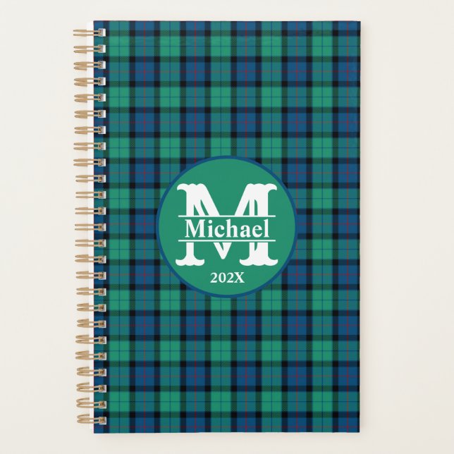Monogrammed Personalised Blue and Green Plaid Planner (Front)