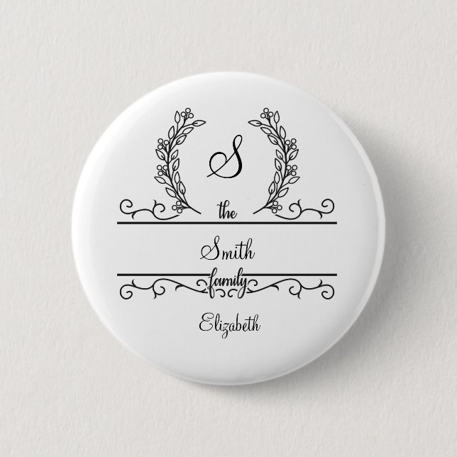 Monogrammed Personalised Family Name Script Leaves 6 Cm Round Badge (Front)