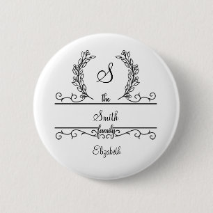 Monogrammed Personalised Family Name Script Leaves 6 Cm Round Badge