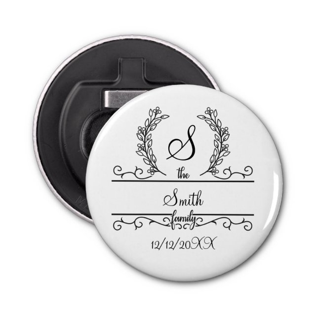 Monogrammed Personalised Family Name Script Leaves Bottle Opener (Front)