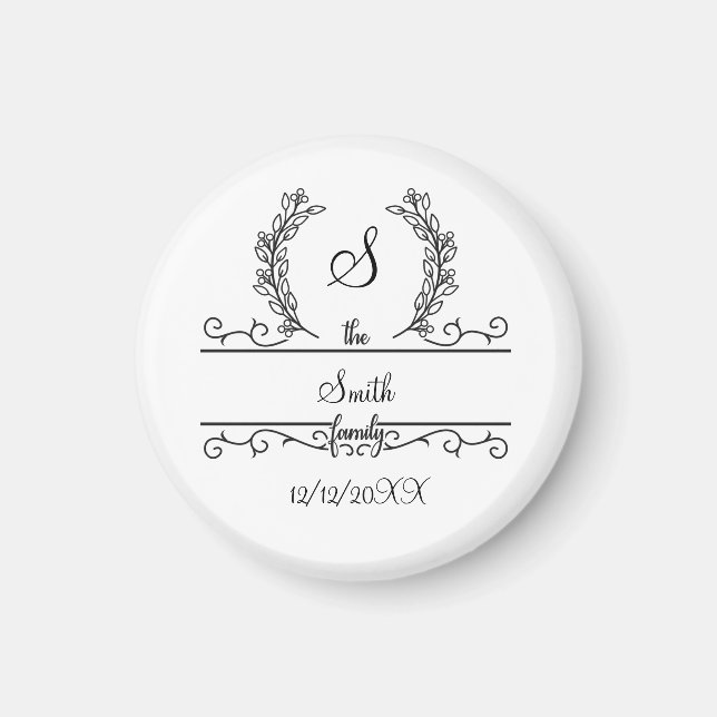 Monogrammed Personalised Family Name Script Leaves Magnet (Front)
