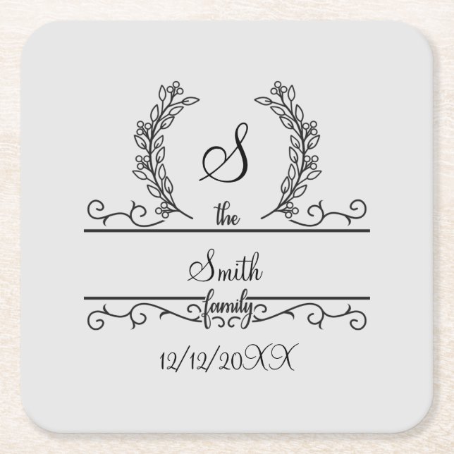 Monogrammed Personalised Family Name Script leaves Square Paper Coaster (Front)
