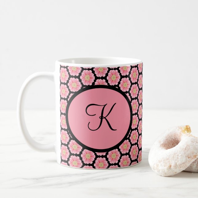 Monogrammed personalised Pink and Black Floral Coffee Mug (With Donut)
